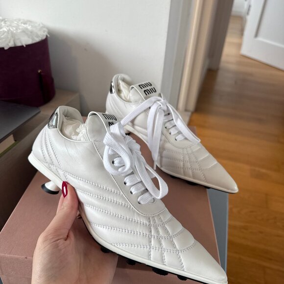 NWT Miu Miu Heeled Sneakers White Leather Pointed Toe Lace Up Kitten Heels Sz 34 - Picture 5 of 10